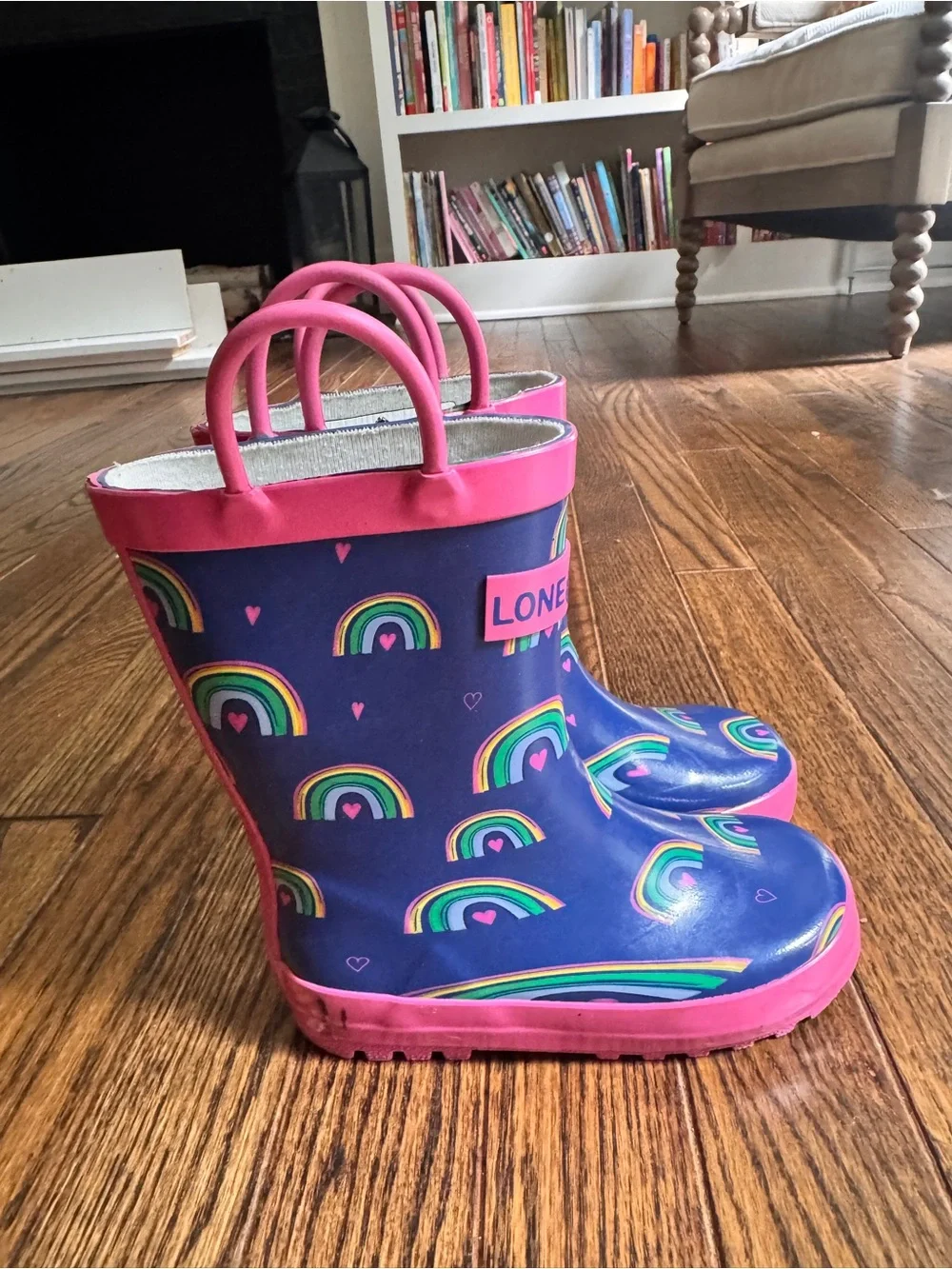 Kids Waterproof Rain Boots - Navy with Pink Trim and Rainbow Print